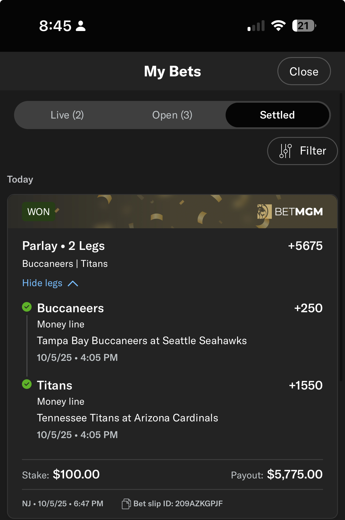 Sports betting slip 6 supplied by JJ Locks