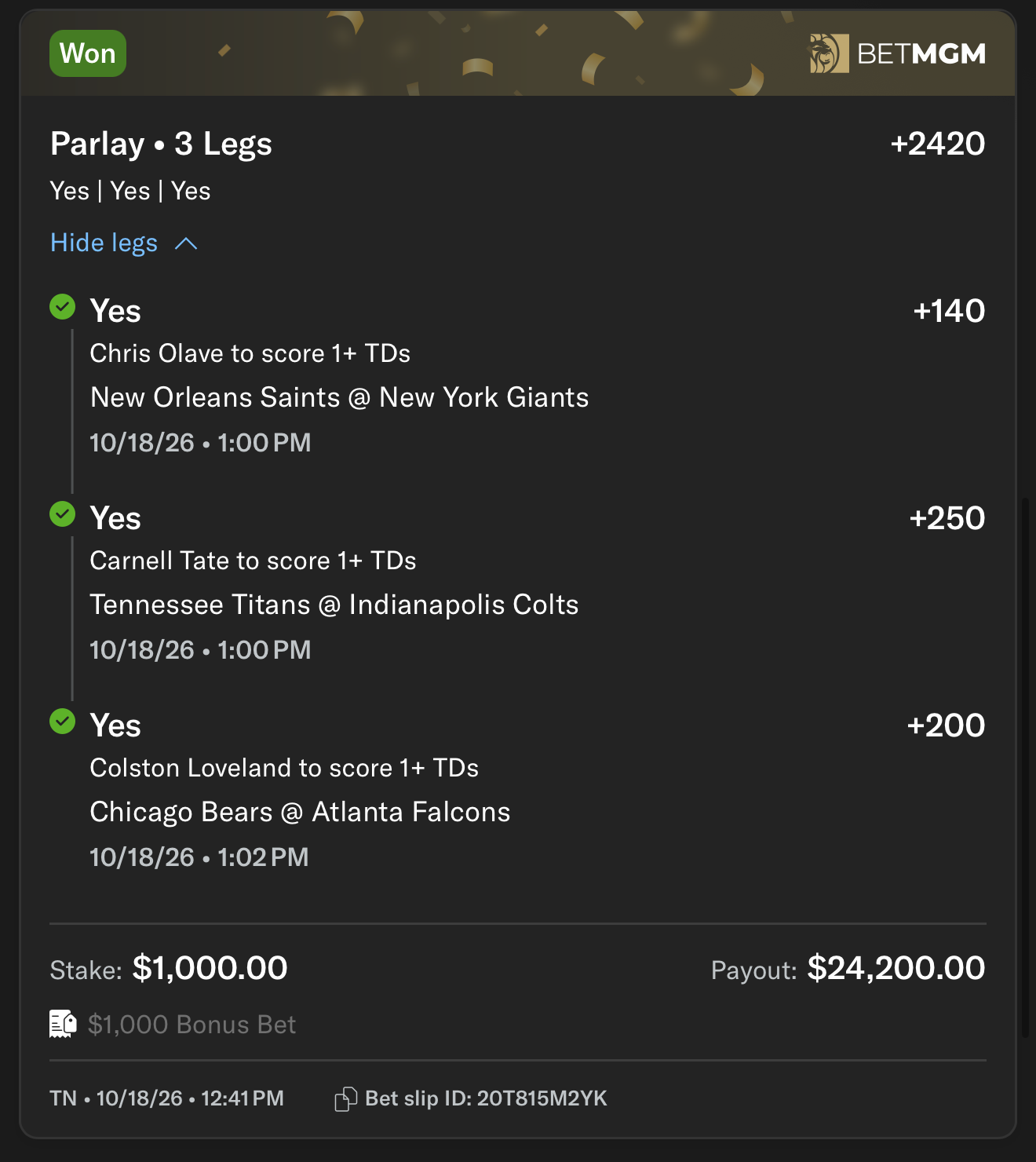 Sports betting slip 43 supplied by JJ Locks
