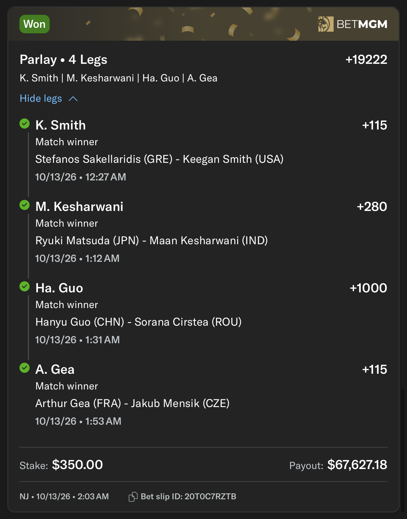 Sports betting slip 47 supplied by JJ Locks